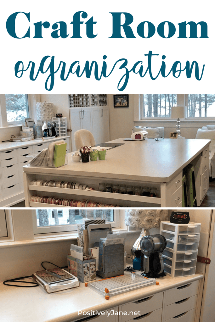 2 photos of organized craft rooms. One is a huge island and the other is a counter under a window |craft room organization | Positively Jane