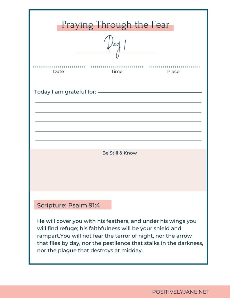 Inside of '30 days praying through your fear workbook | Who does God say I am | Positively Jane