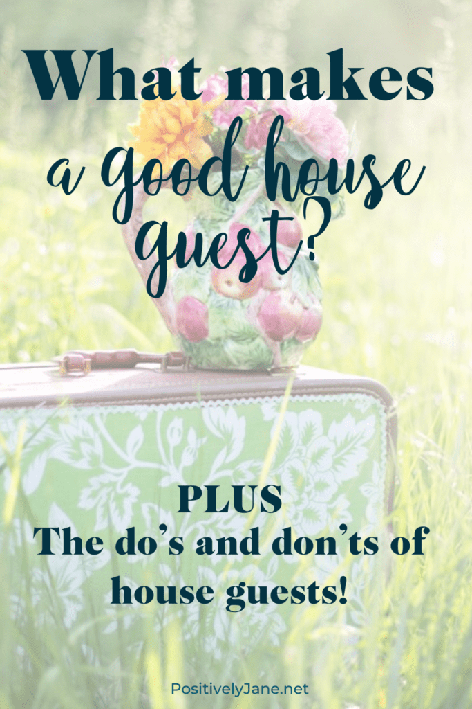 vase of flowers sitting on a green suitcase which is in a field pin for Pinterest | what makes a good houseguest | Positively Jane