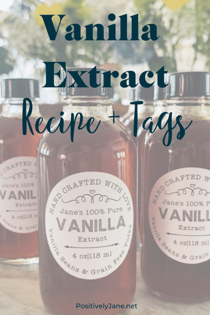 vanilla extract bottles lined up in a row pin for Pinterest | vanilla extract recipe | Positively Jane