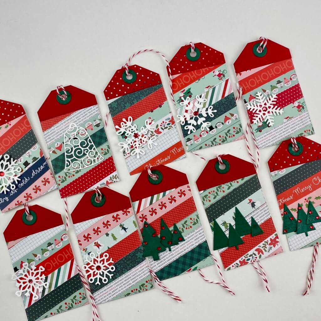 pattern paper gift tags lined up on a desk