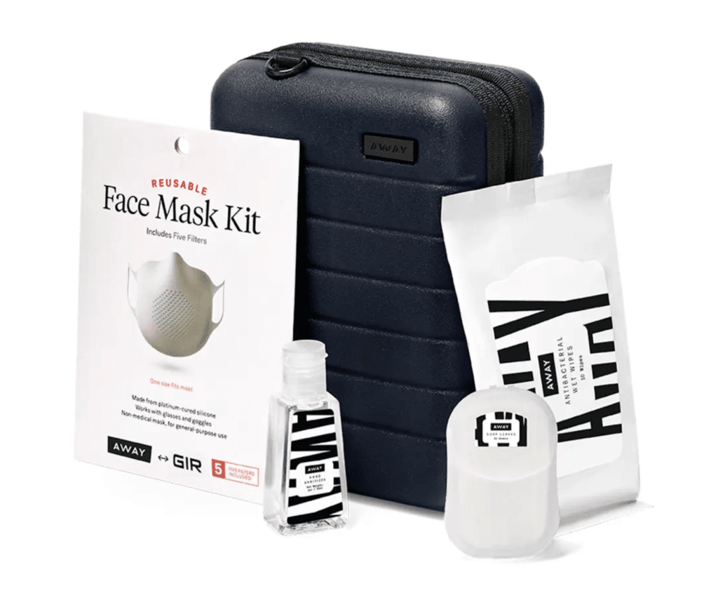 small suitcase with face masks and hand sanitizer