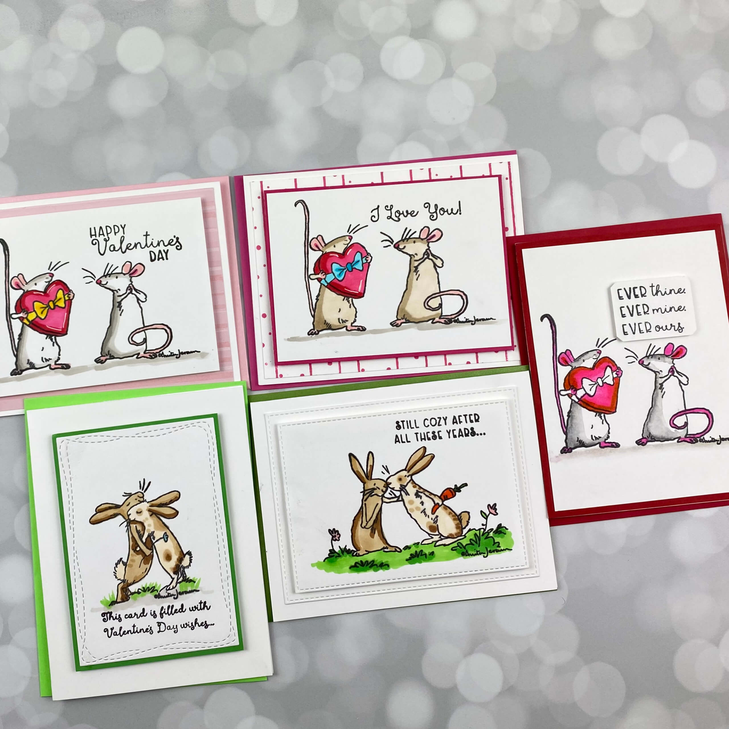 5 handmade cards for valentines day featuring Anita Jeram stamps