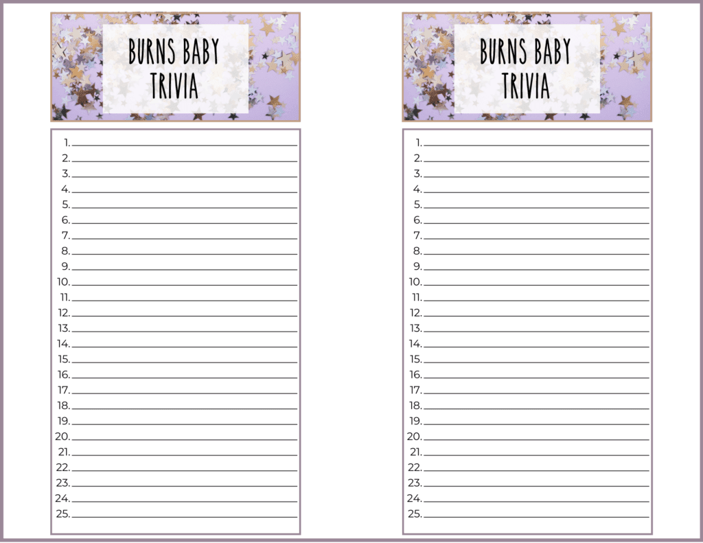 baby burns trivia sheets | hosting a virtual baby shower | Positively Jane 