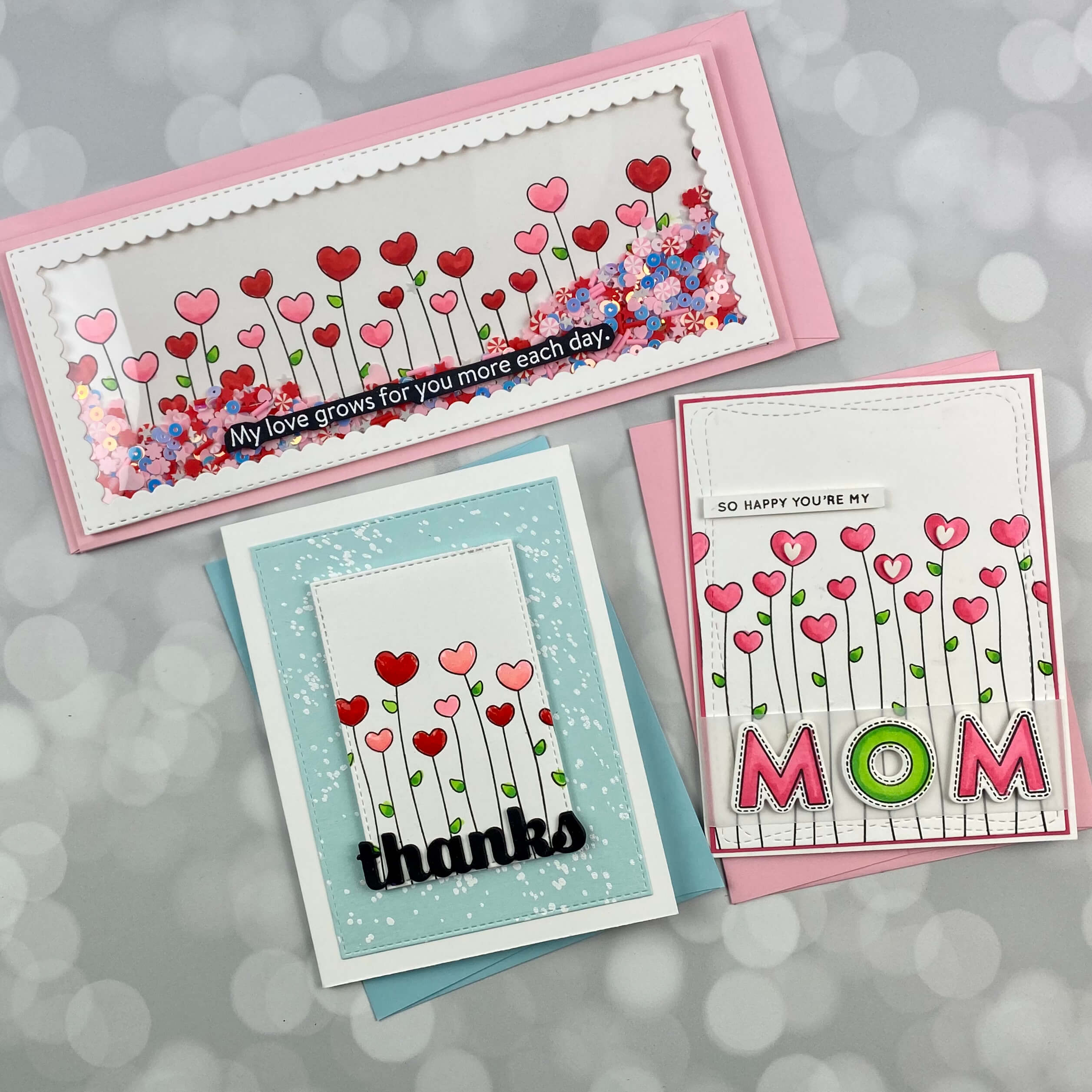 handmade cards using a stamp set with heart flowers