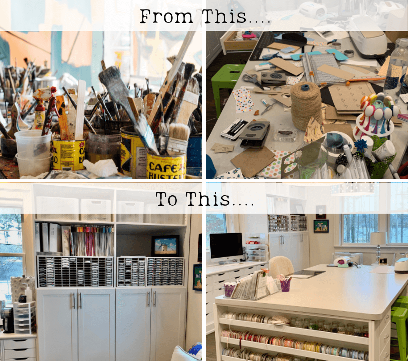 4 images of a craft room. 2 of them are images of a messy craft room. the other 2 are the 'after photos' when the room is clean