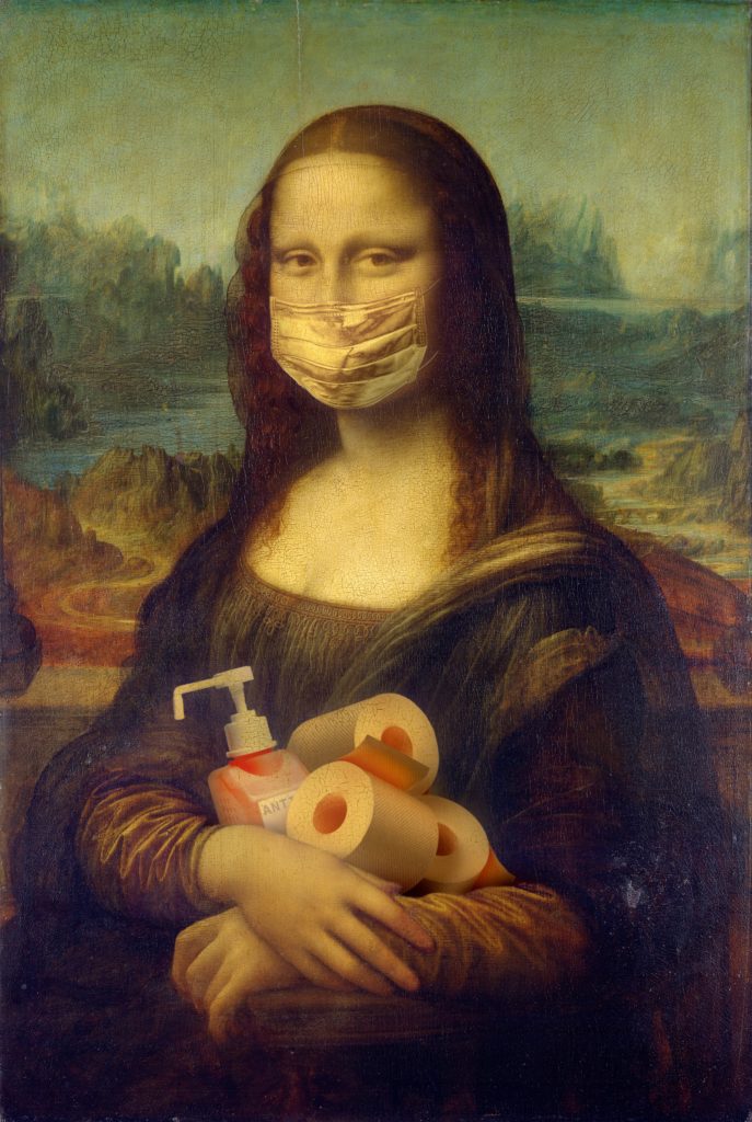 Mona Lisa wearing a mask and holding hand sanitizer and toilet paper | getting through tough times | Positively Jane  