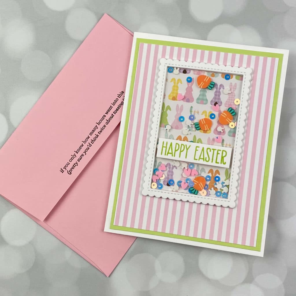 Easter card using pattern paper with eggs and paster colors. It is a shaker card