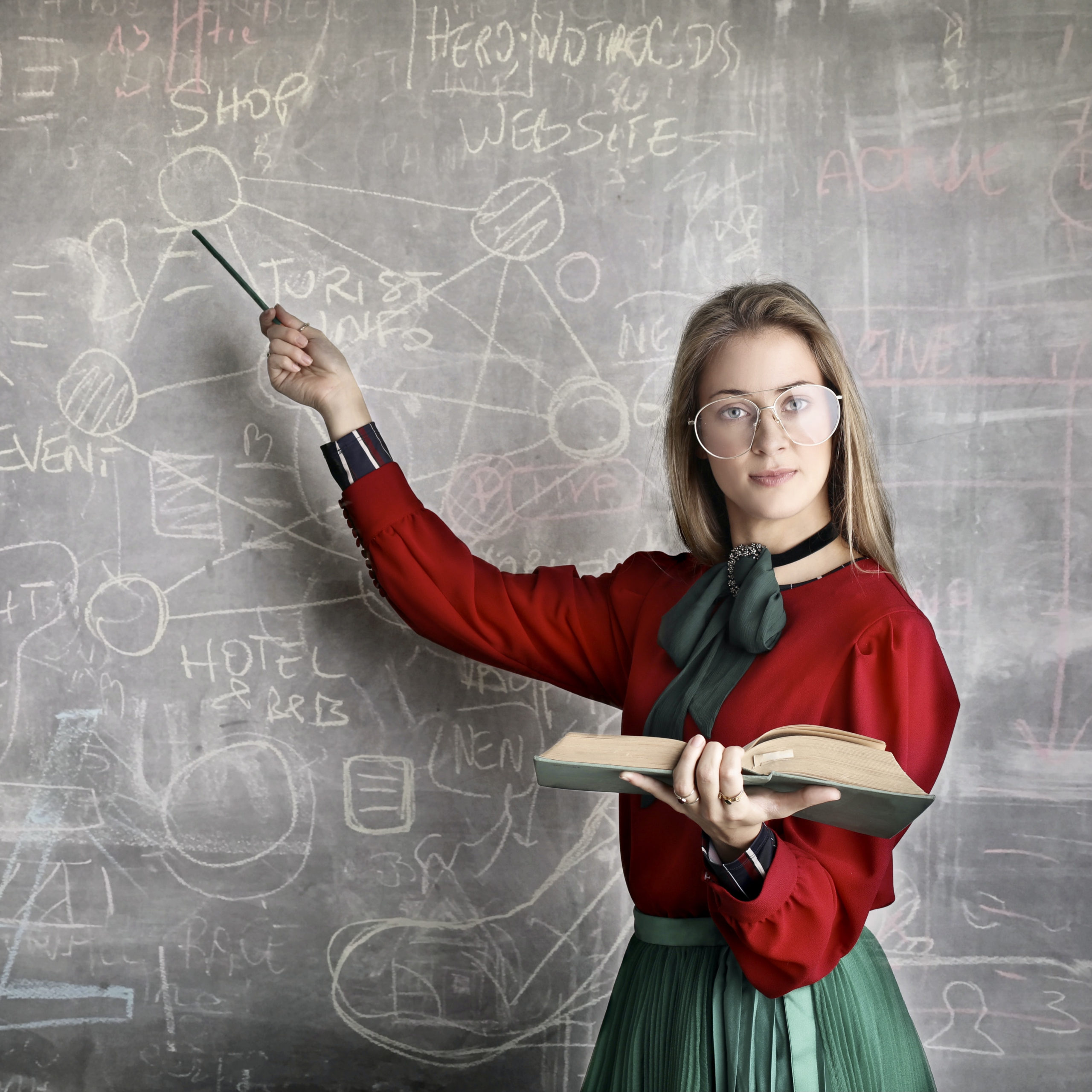 girl in front of a blackboard with a bunch of math problems - trying to find the solution