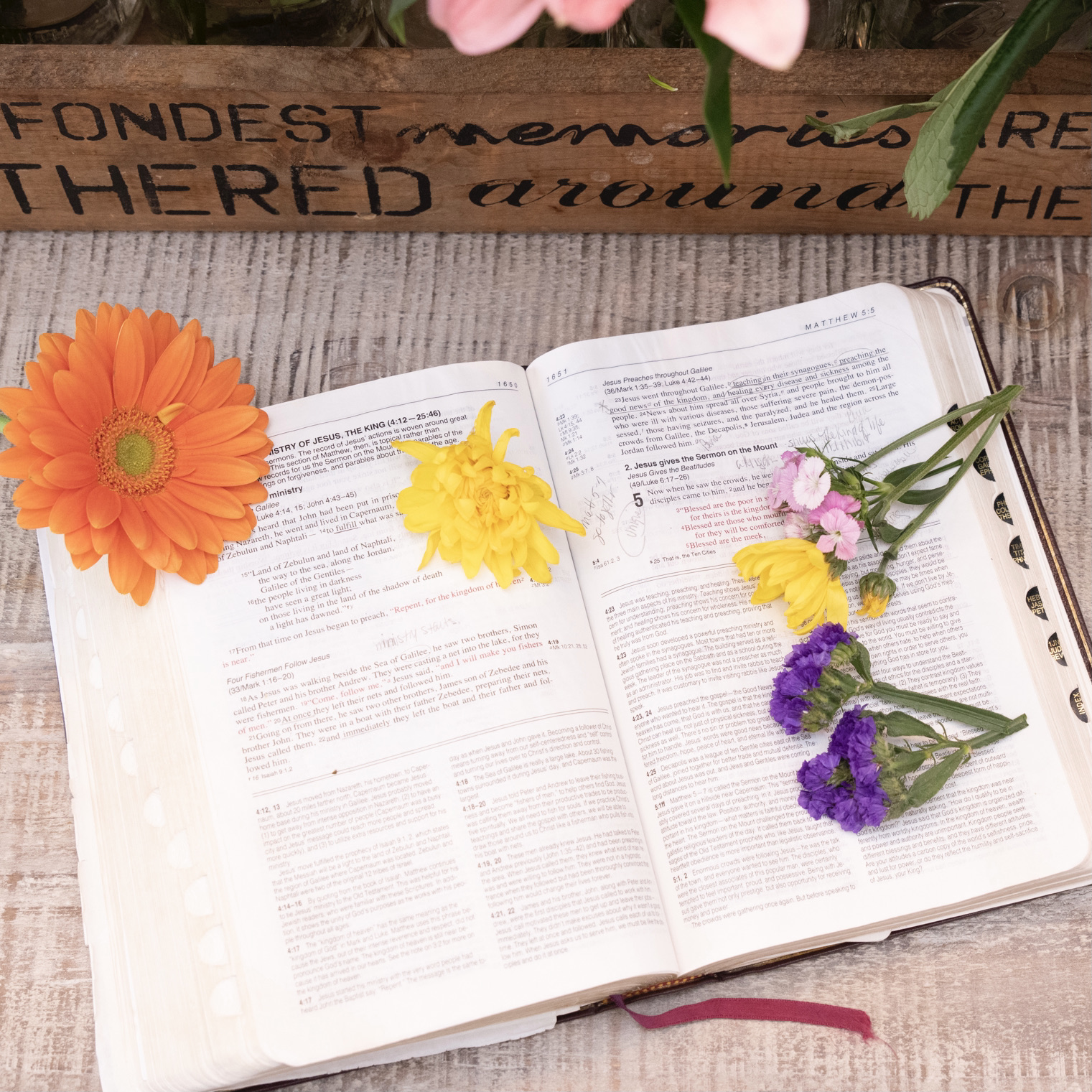 bible surrounded by flowers