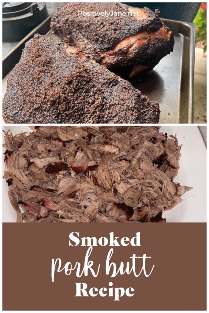 smoked pork butt on a tray and another image of the pork butt shredded | smoked pork butt | Positively Jane