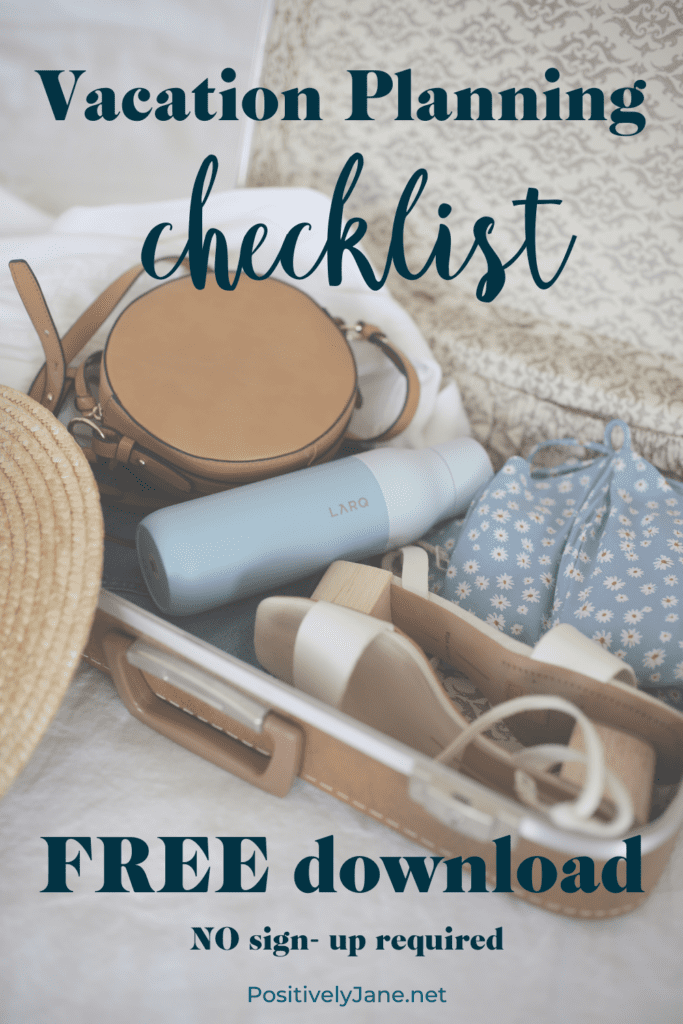 vacation packing list pin for Pinterest | Positively Jane