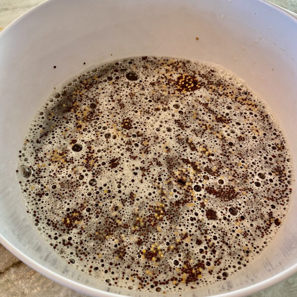 mustard seeds, pale ale and vinegar in a bowl | whole grain mustard recipe | Positively Jane  