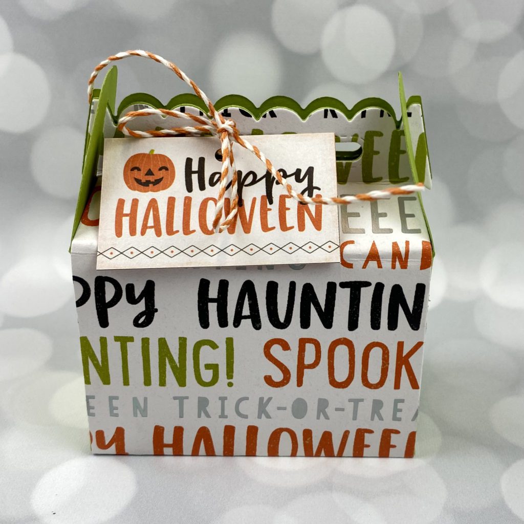 halloween treat box. green with a text front and a tag | halloween treat boxes | Positively Jane  
