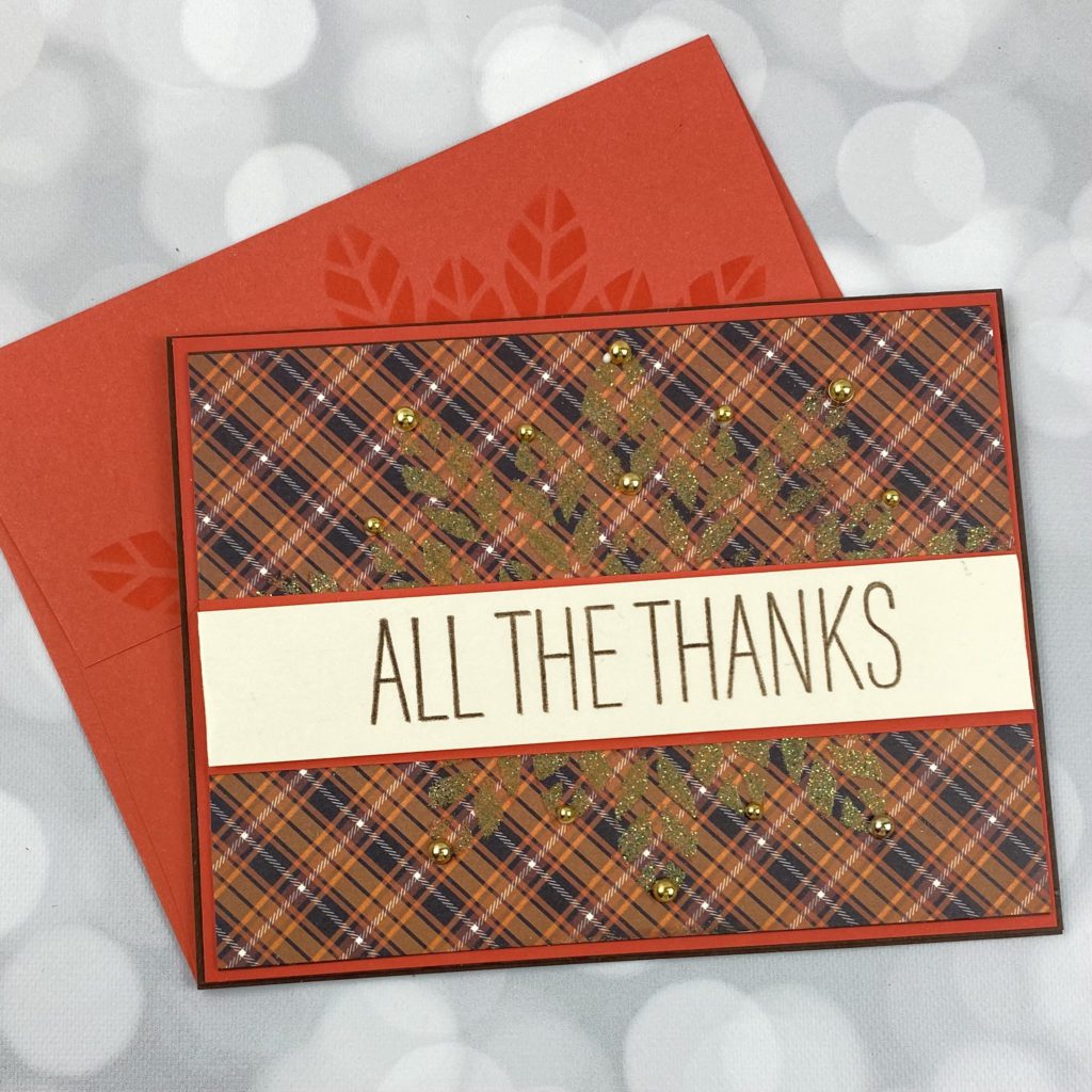 hand made card. Orange and black plaid with 'All the Thanks' stamped on the front | pattern paper cards | Positively Jane  