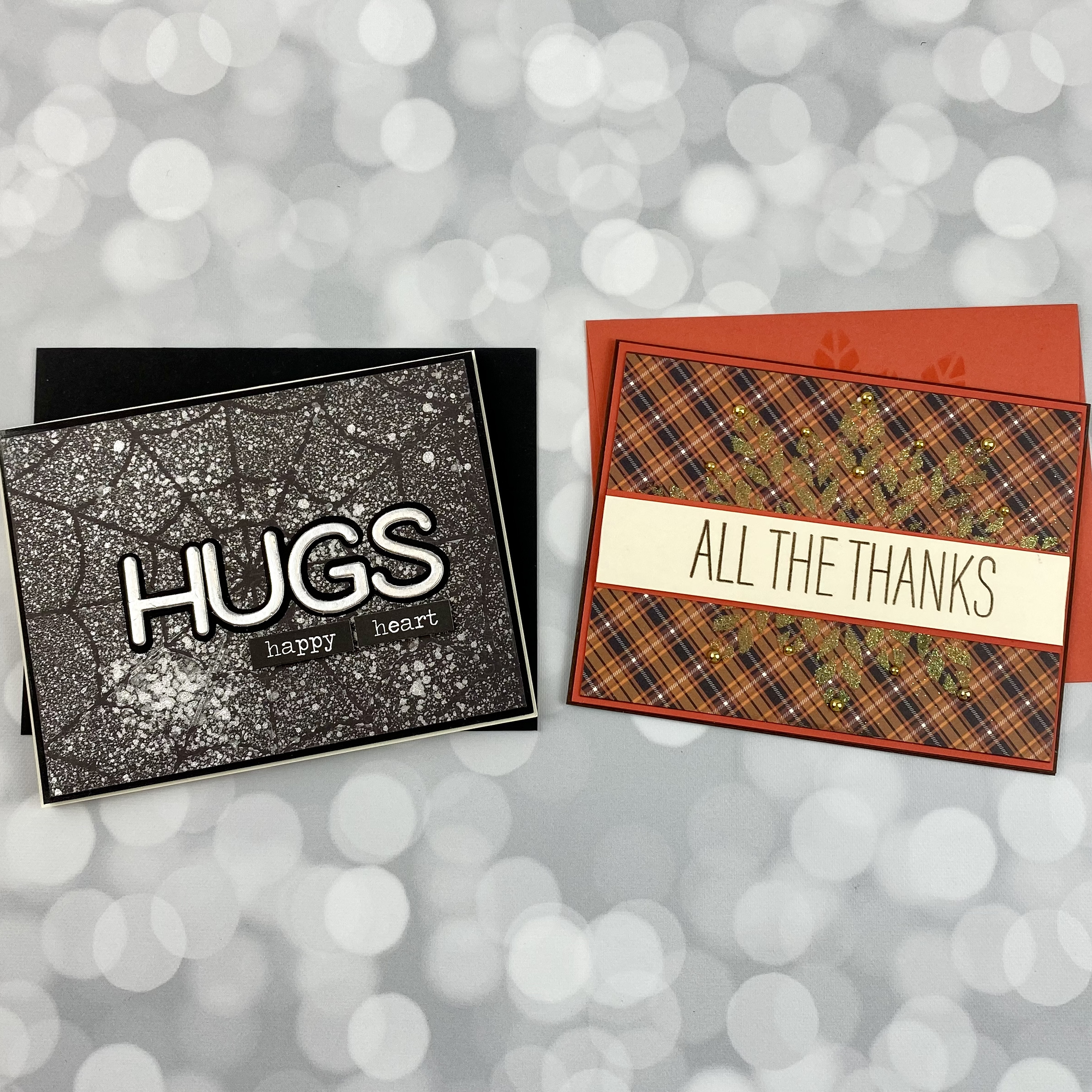 2 hand made cards made out of pattern paper. One says 'All the thanks' and the other says 'hugs' | pattern paper cards | Positively Jane