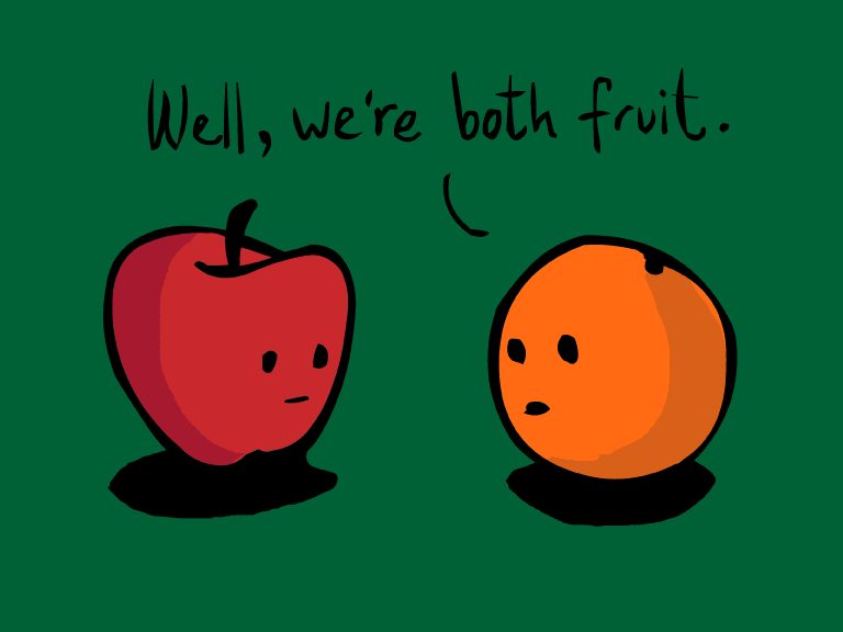 An apple and and orange on a green backgroud. With the text saying" But, we are both fruit.' | The comparison trap | Positively Jane