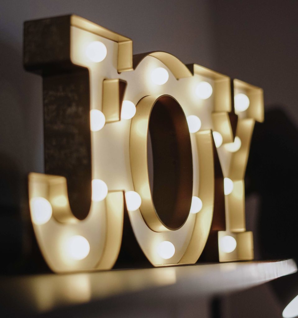 The word joy made with metal with white lights inside | what is joyful living | Positively Jane  