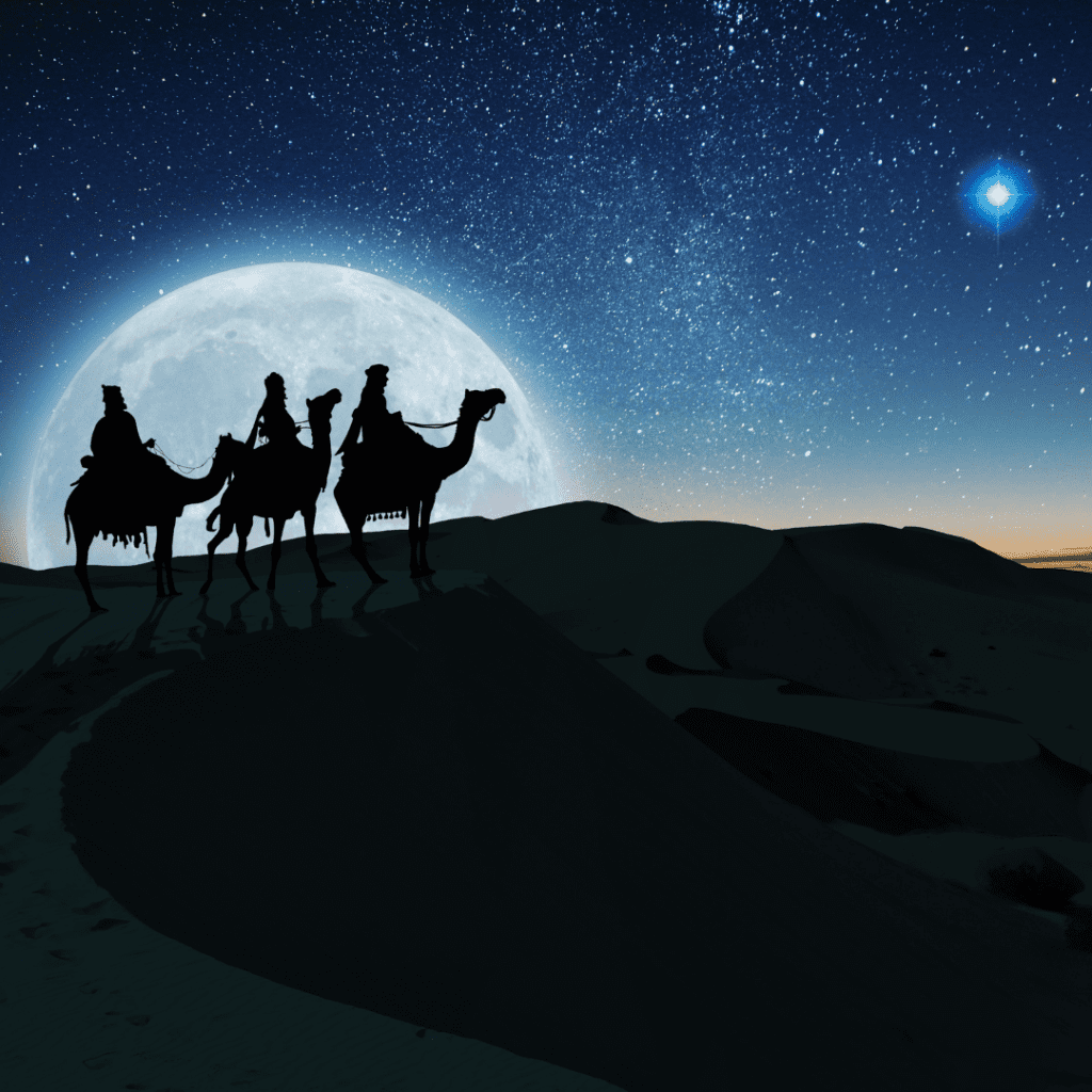 3 wise men travelling with a blue sky and white moon behind them | positively jane.